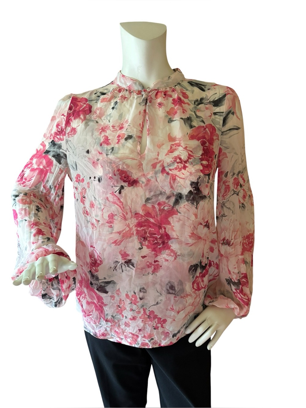 WHBM Sheer Floral Pink Long-Sleeve Blouse w Built-In Cami, size 6